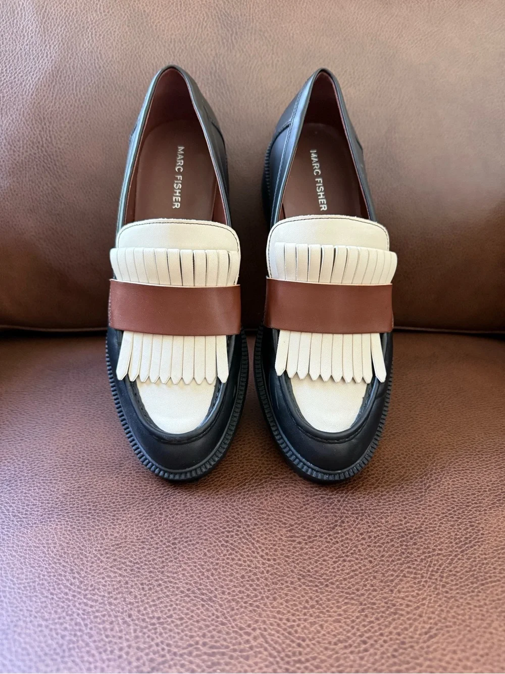 Marc Fisher Women's Black, Cream & Brown Kiltie Fringe Loafers - Picture 8 of 8
